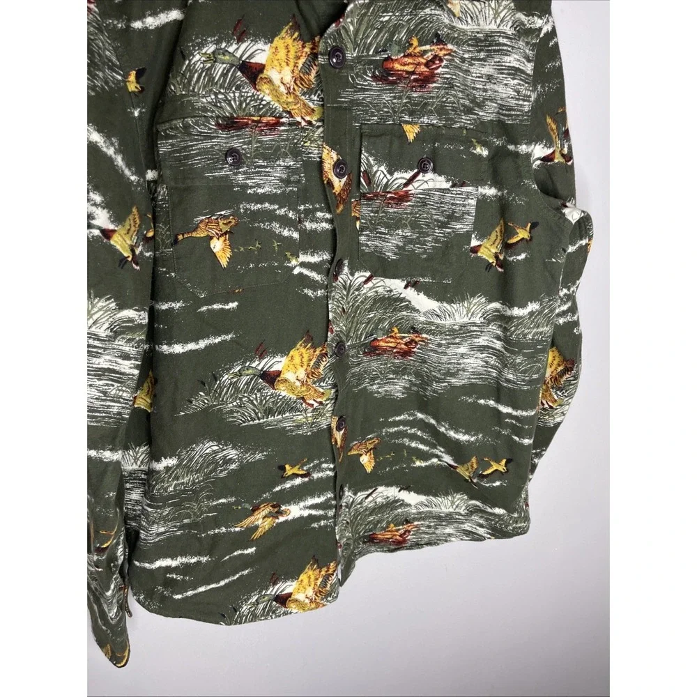 New LL Bean Slim Fit Green Duck Print Flannel Button Down Shirt Large L